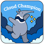 Cloud champion logo. Peter the anteater is frolicking through clouds with the words "cloud champion" above his head.