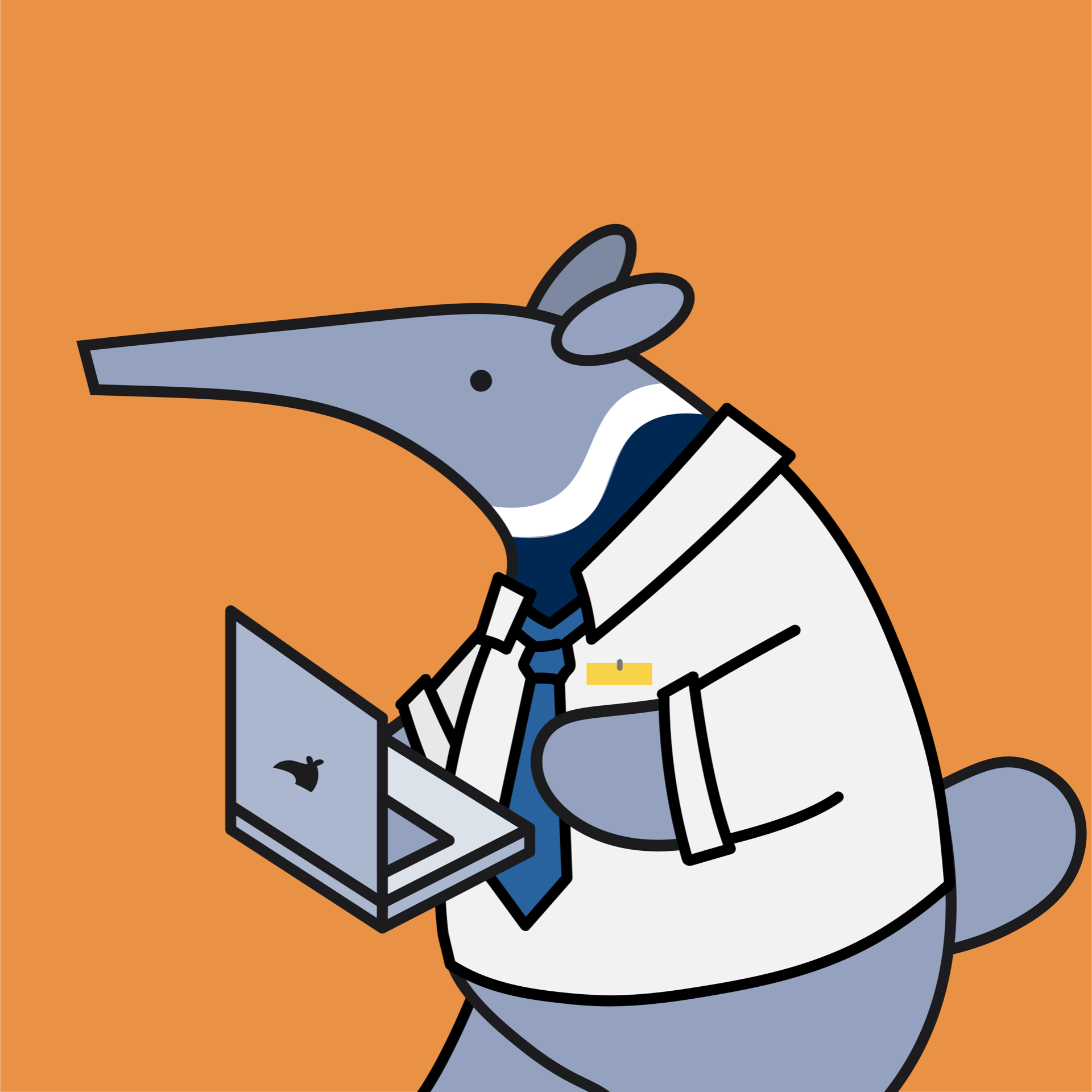 Staff Anteater wearing a tie and carrying a laptop