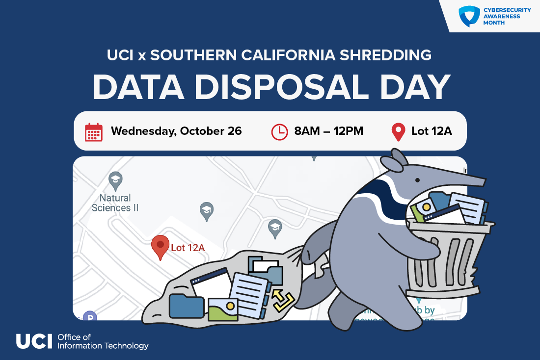 Data Disposal Day Wednesday October 26. Peter the anteater taking out the trash.