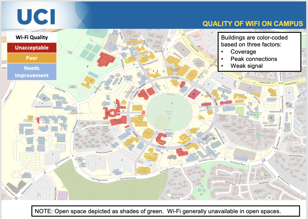 UCI Map showing quality of Wi-Fi on Campus in Fall 2022