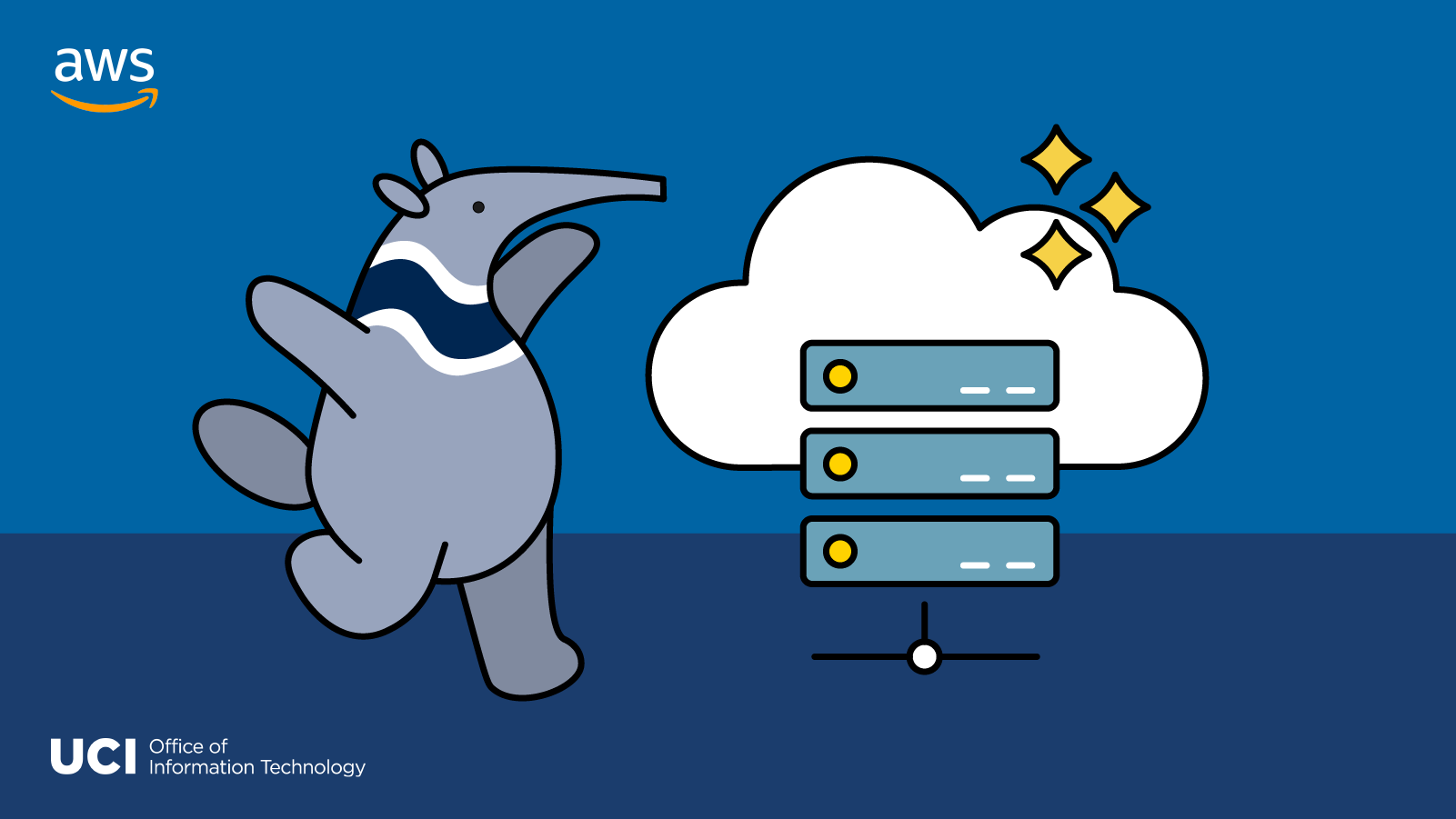 Peter the anteater standing next to some server stacks in the cloud.