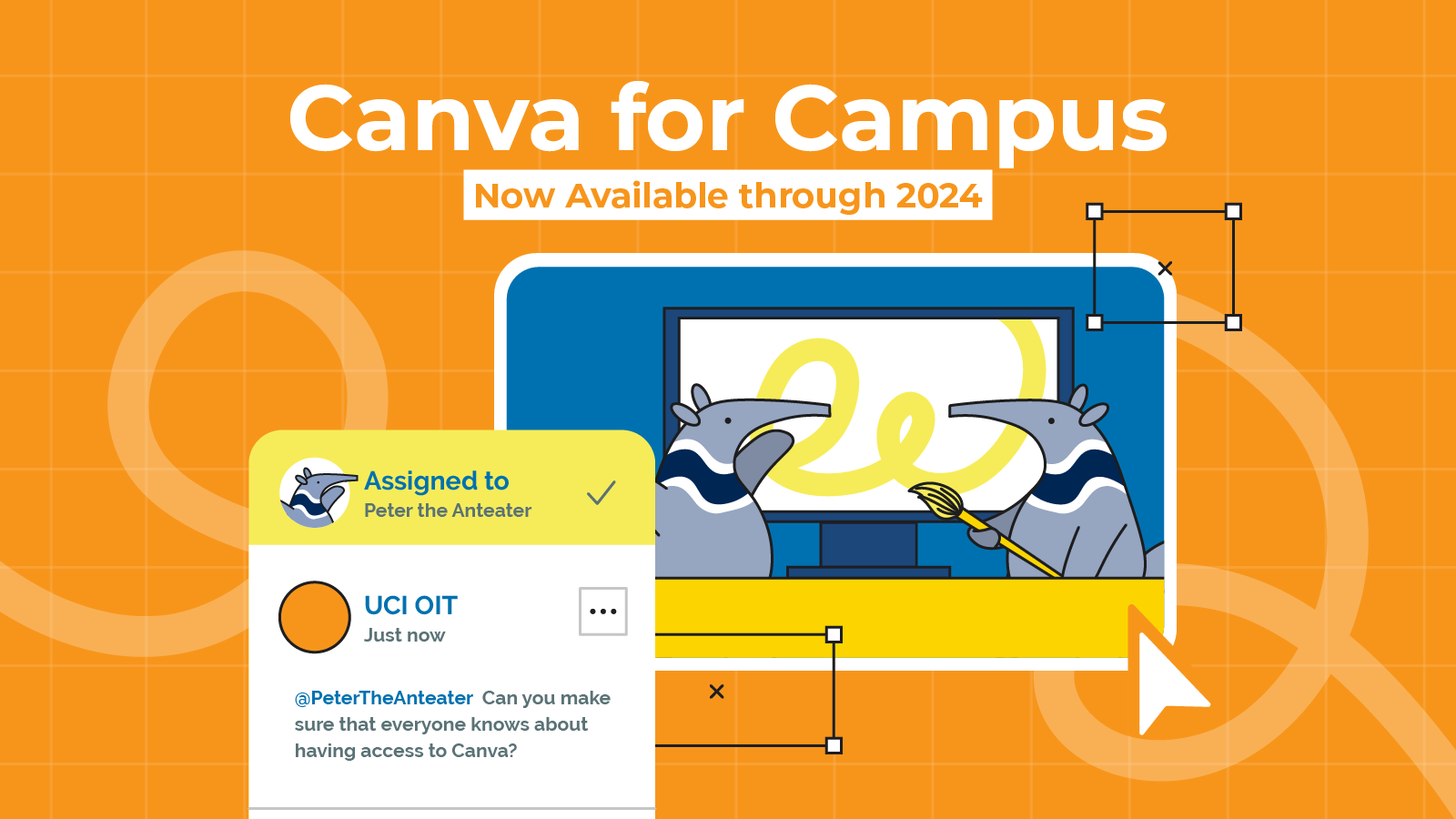 Computer screen with two peter anteaters using Canva to design a graphic.