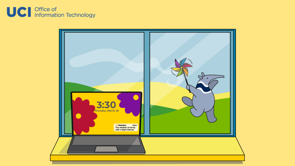 Zoom background featuring Peter the Anteater playing outside with a colorful pinwheel with a laptop in the foreground.