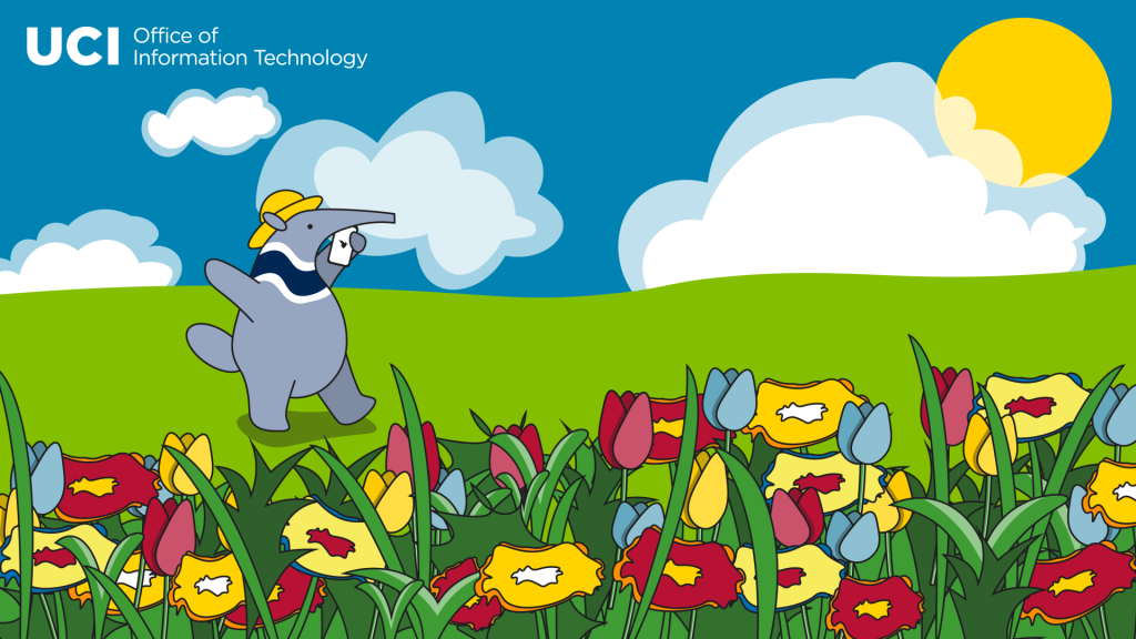 Zoom background featuring Peter the Anteate wearing a hat with a blue sky with puffy clouds in the background and colorful Spring flowers in the foreground